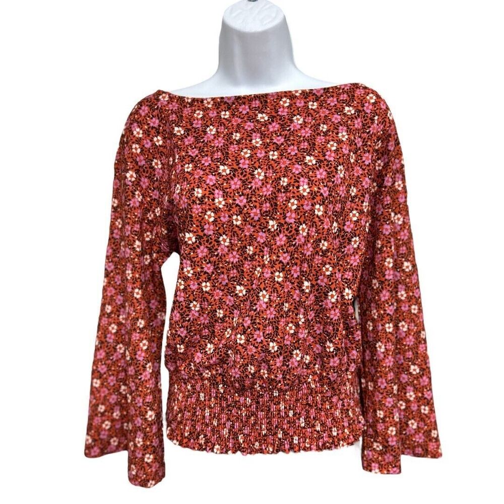 Ann Taylor Women's Red Floral Bell Sleeve Blouse, Smocked Waist, Boho 70s Size L